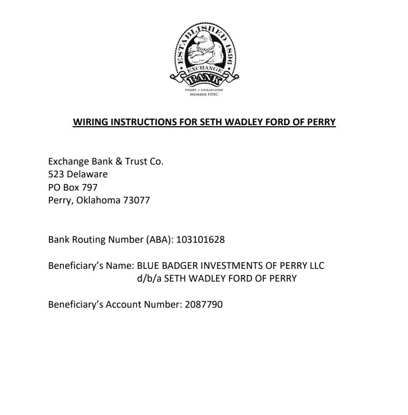 WIRING INSTRUCTIONS FOR SETH WADLEY FORD OF PERRY at Seth Wadley Ford Perry in Perry OK